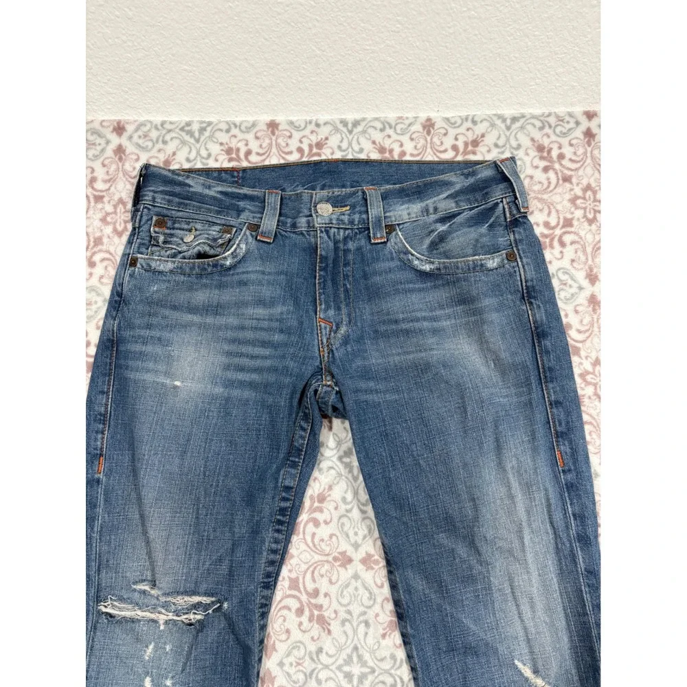 True Religion Ricky Straight Leg Distressed Blue Jeans Mens 33 Made in USA N3859